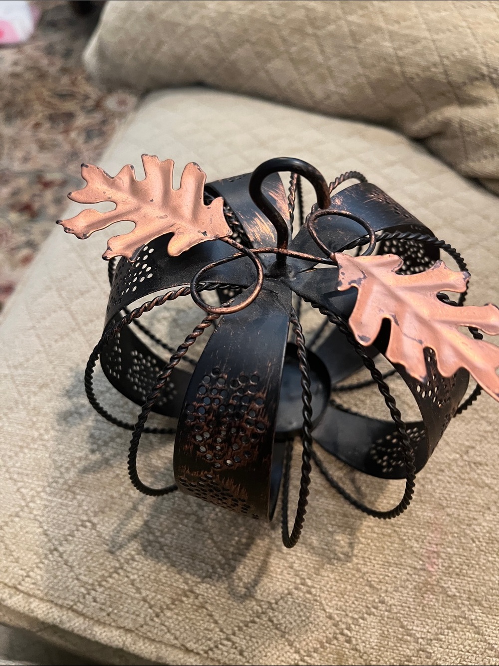 Decorative Metal Pumpkin Candle Holder with Copper Leaf Accents
